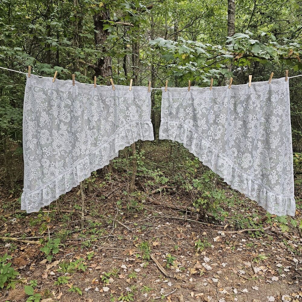 Vintage Romantic Grey Floral Lace Swag Curtains Ruffled Hem T10
